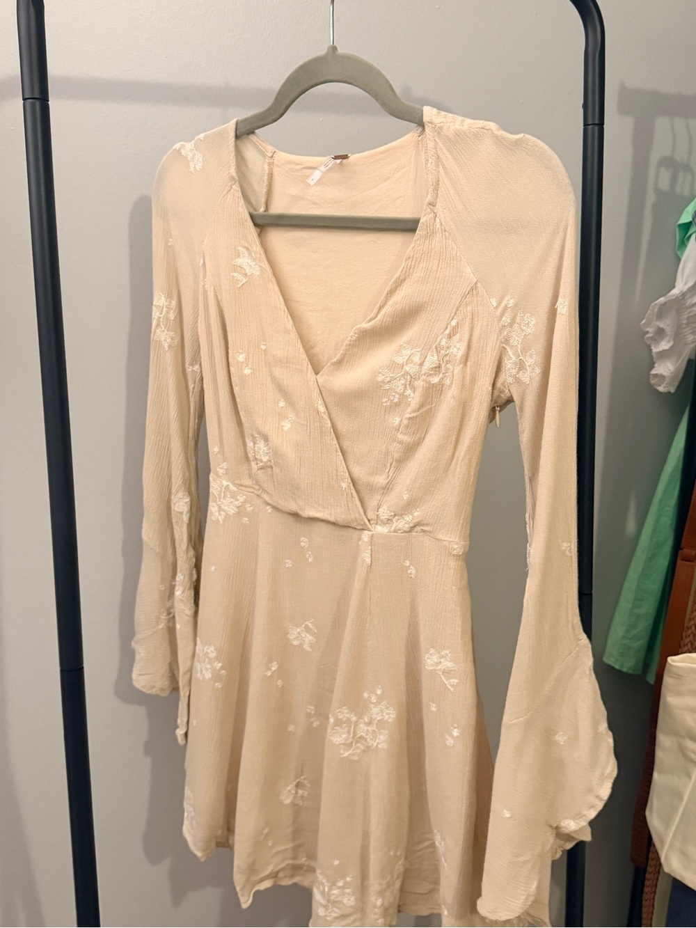 Free People Almond Jasmine Embroidered Flare Long-Sleeve Mini Dress
